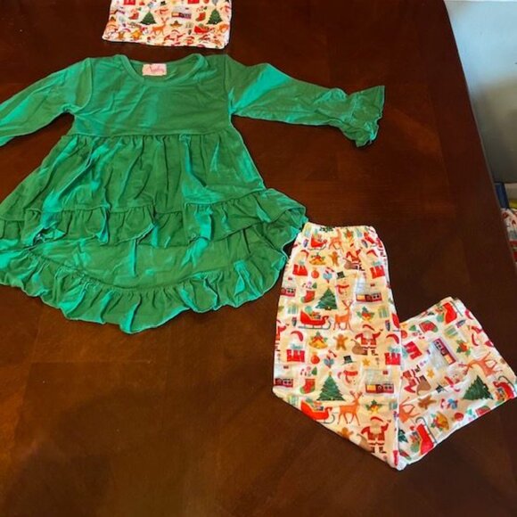 Christmas Toddler Girls Outfit Set Green Ruffle Dress & Printed Pants Kids - Picture 2 of 9